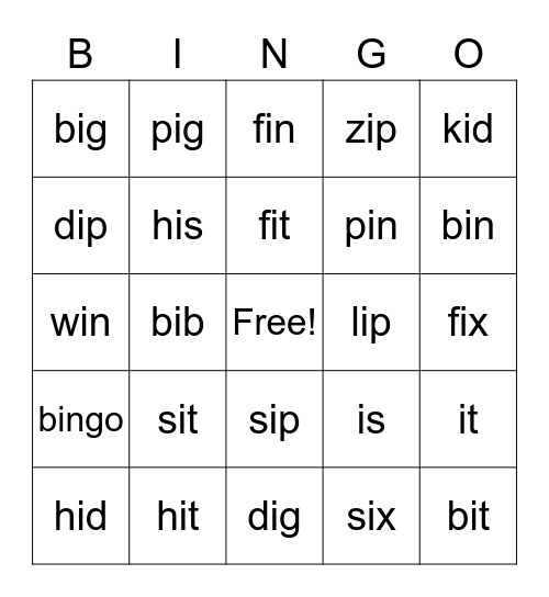 Short i Bingo Card