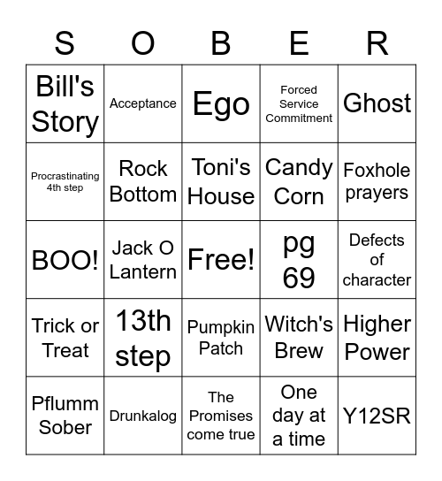 Sober Halloween Bingo Card