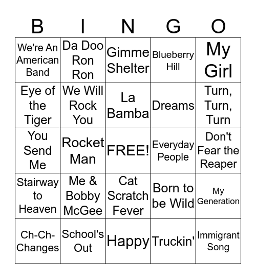 I LOVE That Song! Bingo Card