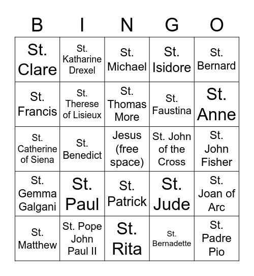 Saint Bingo Card