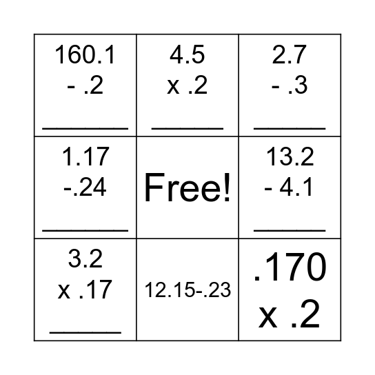 Subtraction With Decimals Bingo Card