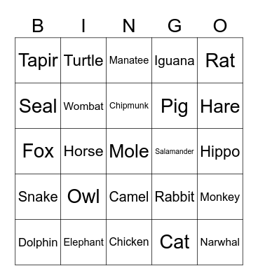 Animal Bingo Card