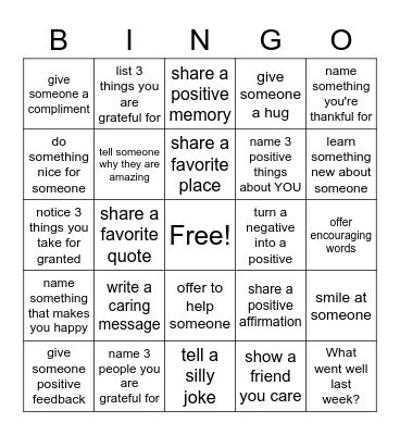 Gratitude Bingo Card