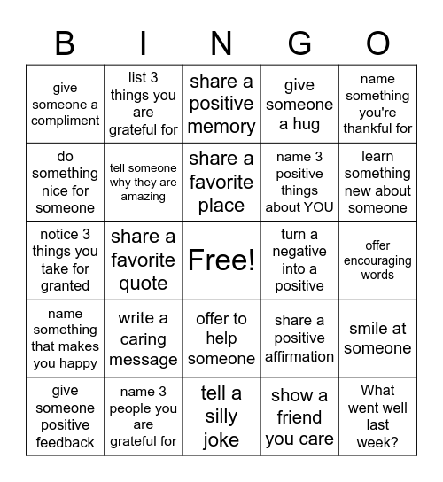 Gratitude Bingo Card