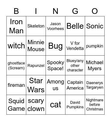 Costume Bingo Card