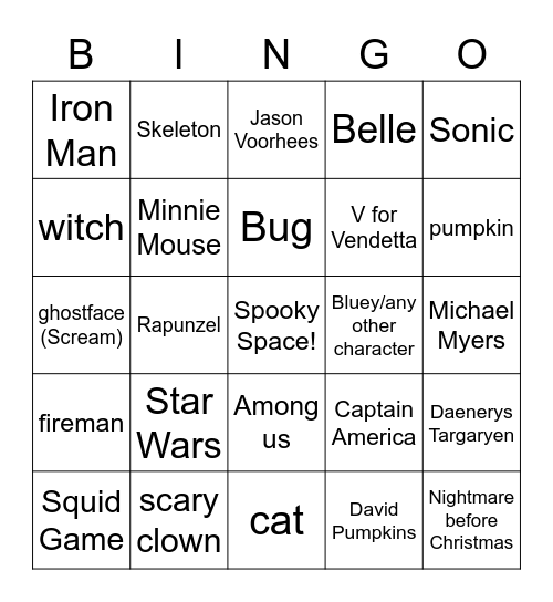 Costume Bingo Card