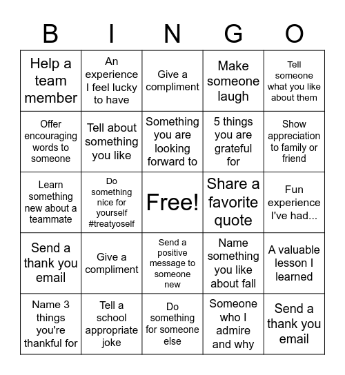 Attitude of Gratitude Bingo Card