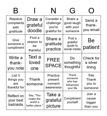 Gratitude Bingo Card