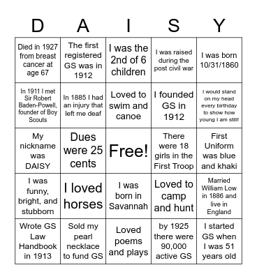 Juliette Gordon Low's Birthday Bingo Card