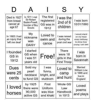 Juliette Gordon Low's Birthday Bingo Card