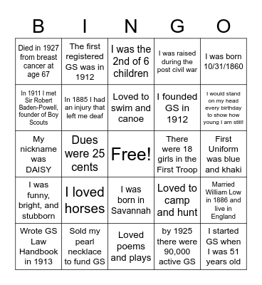 Juliette Gordon Low's Birthday Bingo Card