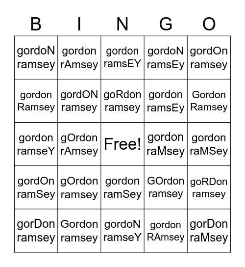 Hells Kitchen Bingo Card