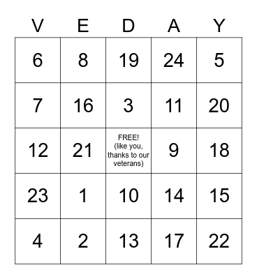 VE DAY BINGO Card