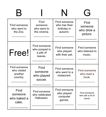 Autumn Break Bingo Card