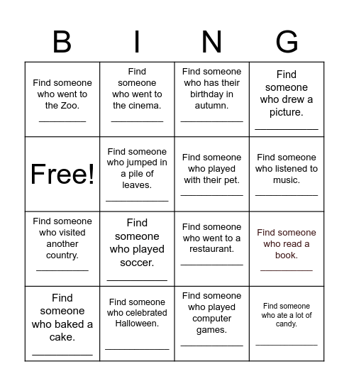 Autumn Break Bingo Card