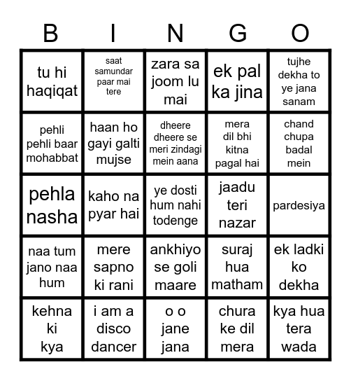 Bollywood Bingo Card