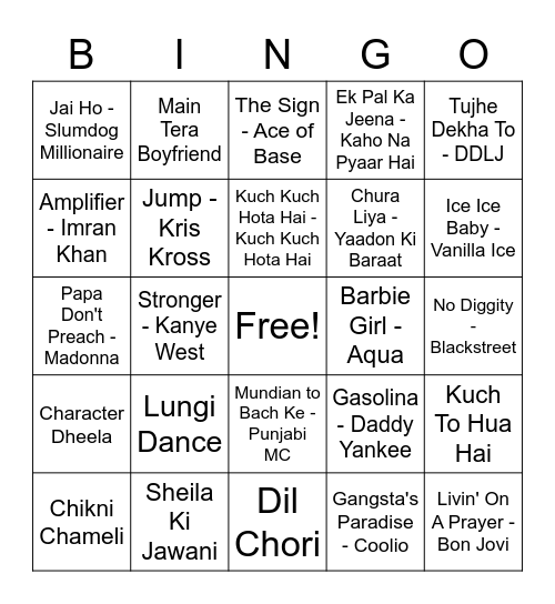 Bollywood Bingo Card