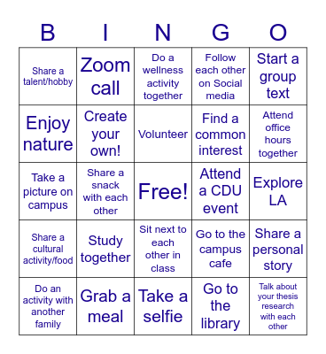 MSBMS Family BINGO Challenge Bingo Card