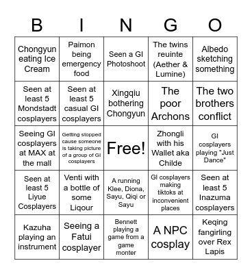 ComiCon STLM Genshin Impact Cosplay Bingo Card