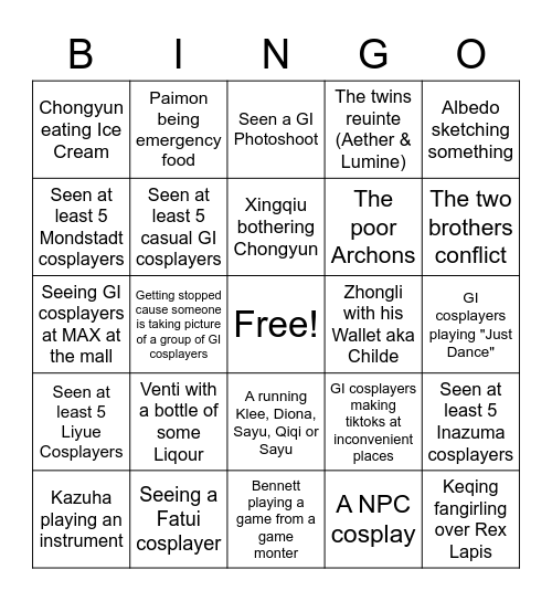 ComiCon STLM Genshin Impact Cosplay Bingo Card