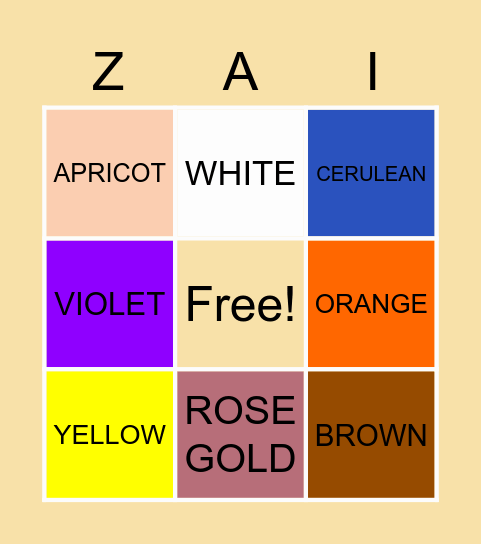 ZAIRAH Bingo Card