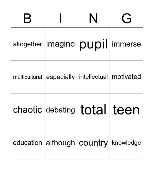 G7 Vocabulary review 1 Bingo Card