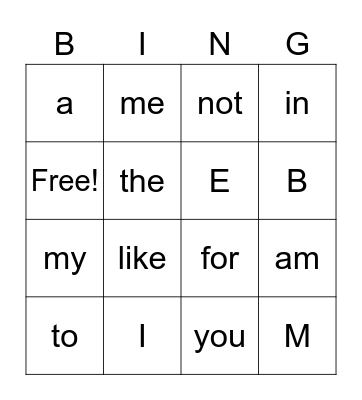 Sight Words Bingo Card