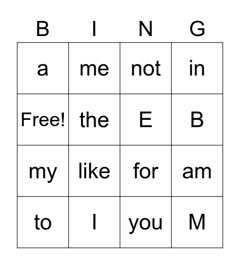 Sight Words Bingo Card