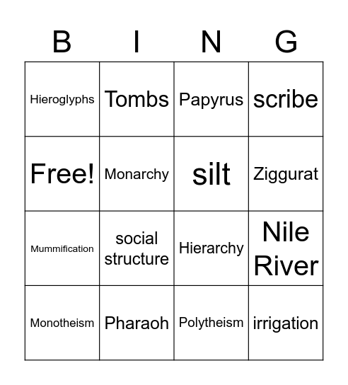 Unit 3 Egypt Vocabulary Bingo Card
