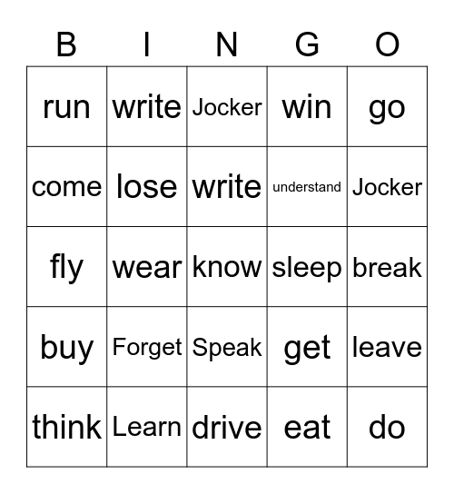 Irregular Verbs Bingo Card