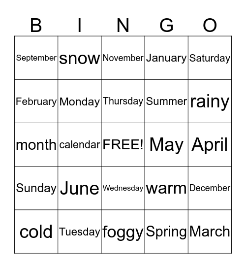 Calendar and Weather Bingo Card
