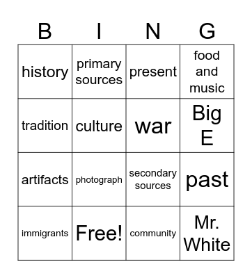 Social Studies - Chapter 1 Vocabulary Today and Long Ago Bingo Card