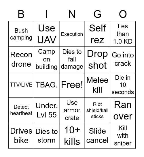 Warzone Bingo Card