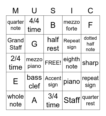 Beginner Music Theory Bingo Card