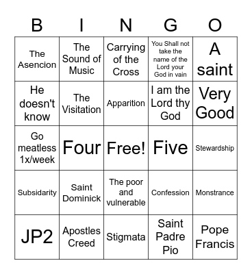 Religious Education Bingo Card