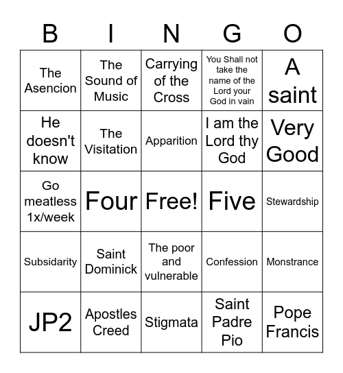 Religious Education Bingo Card