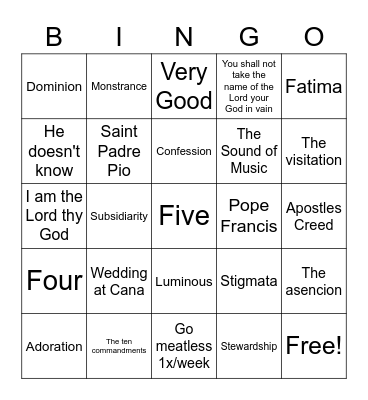 Religious Education Bingo Card