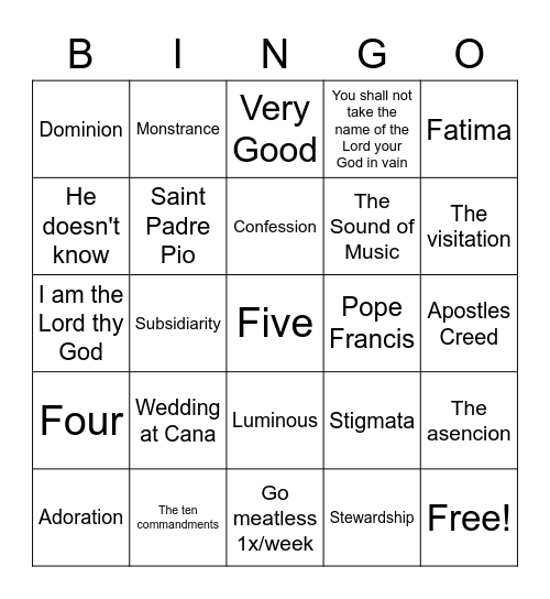 Religious Education Bingo Card