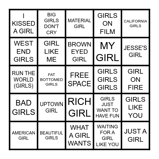 GIRLS GIRLS GIRLS Bingo Card