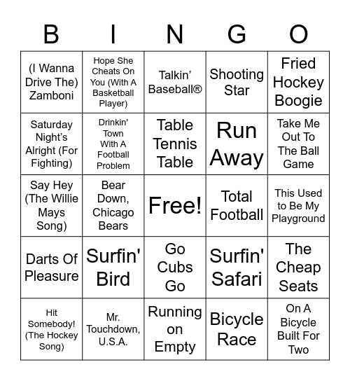 "Sport" Songs Bingo Card