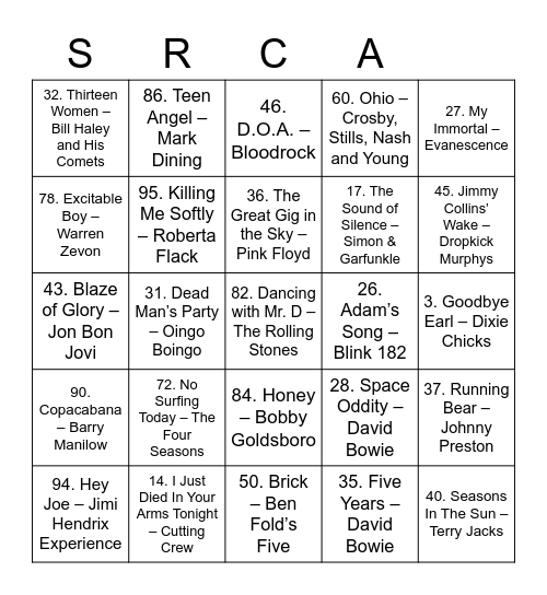 SONGS ABOUT PASSING ON Bingo Card