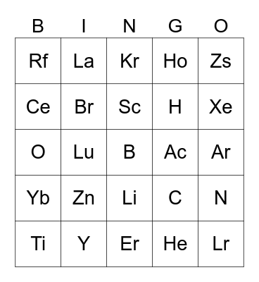 Periodic Table Bingo Card