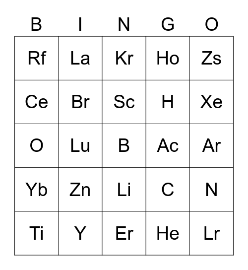 Periodic Table Bingo Card