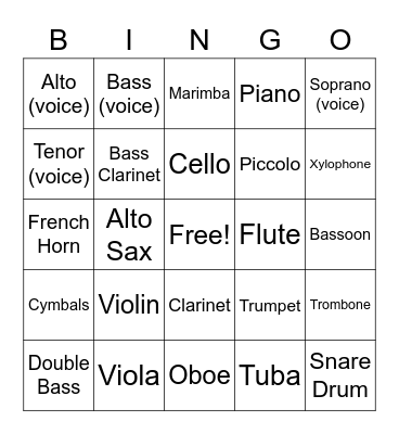 Guess the Instrument Bingo Card