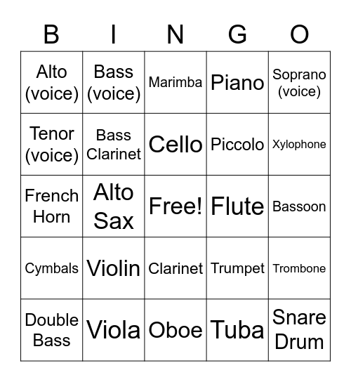 Guess the Instrument Bingo Card