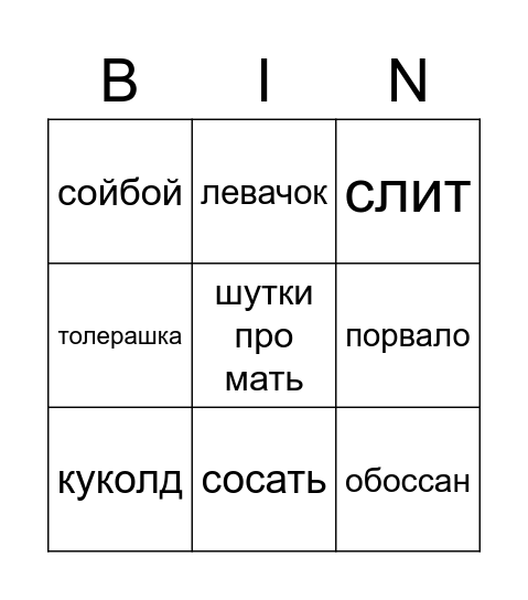 БЫДЛОБИНГО Bingo Card