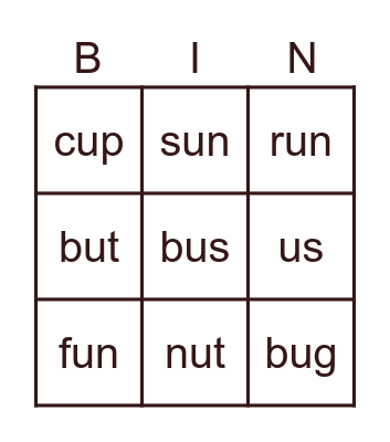 short U sound Bingo Card