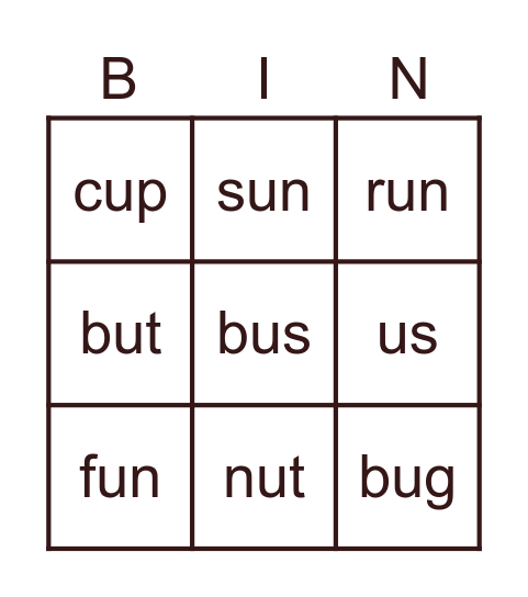 short U sound Bingo Card