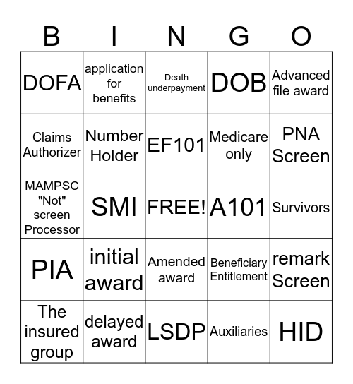 Basic Awards Bingo Card
