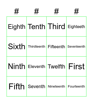 Ordinal Numbers Bingo Card